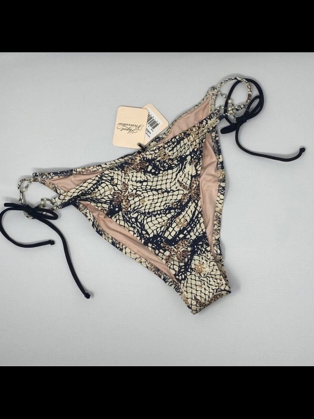 NWT Agent Provocateur Pearl Detail Tie Side Bikini Bottom ONLY. Sz 4 Snake Print